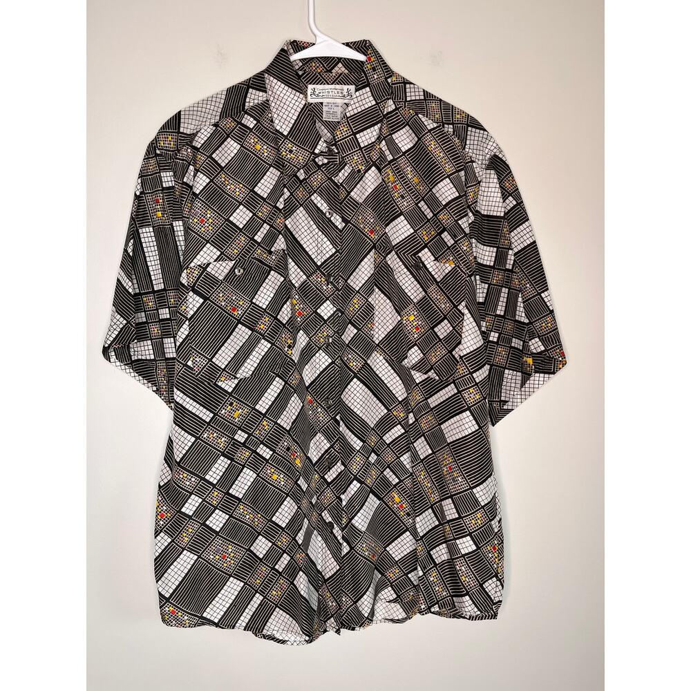 1980s Whistles Red Gold Black Geometric Silk Art Dopamine Dressing Camp Shirt L